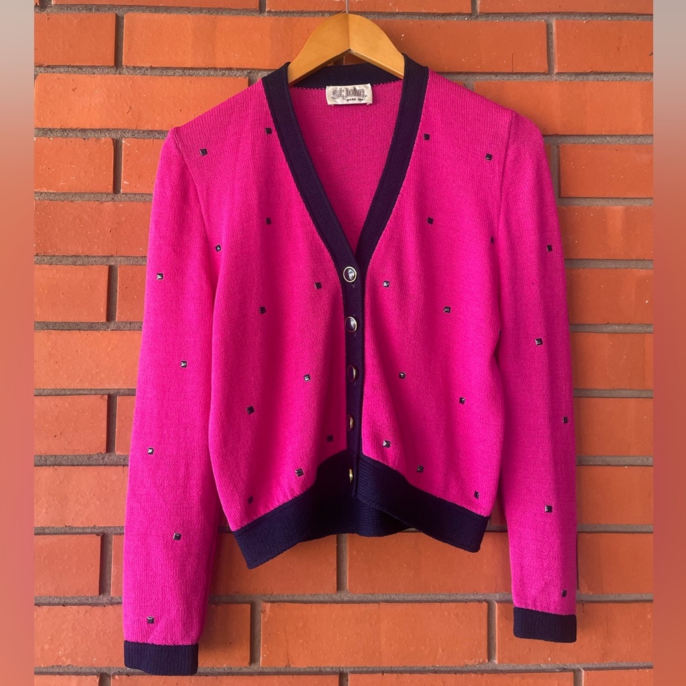 St. John Collection Fuchsia Pink Cardigan with Navy Trim